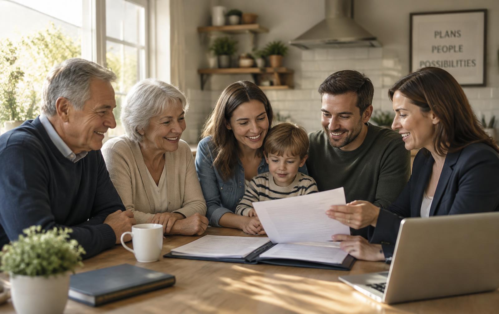 An adviser reviewing assistance paperwork with a senior couple and a young family