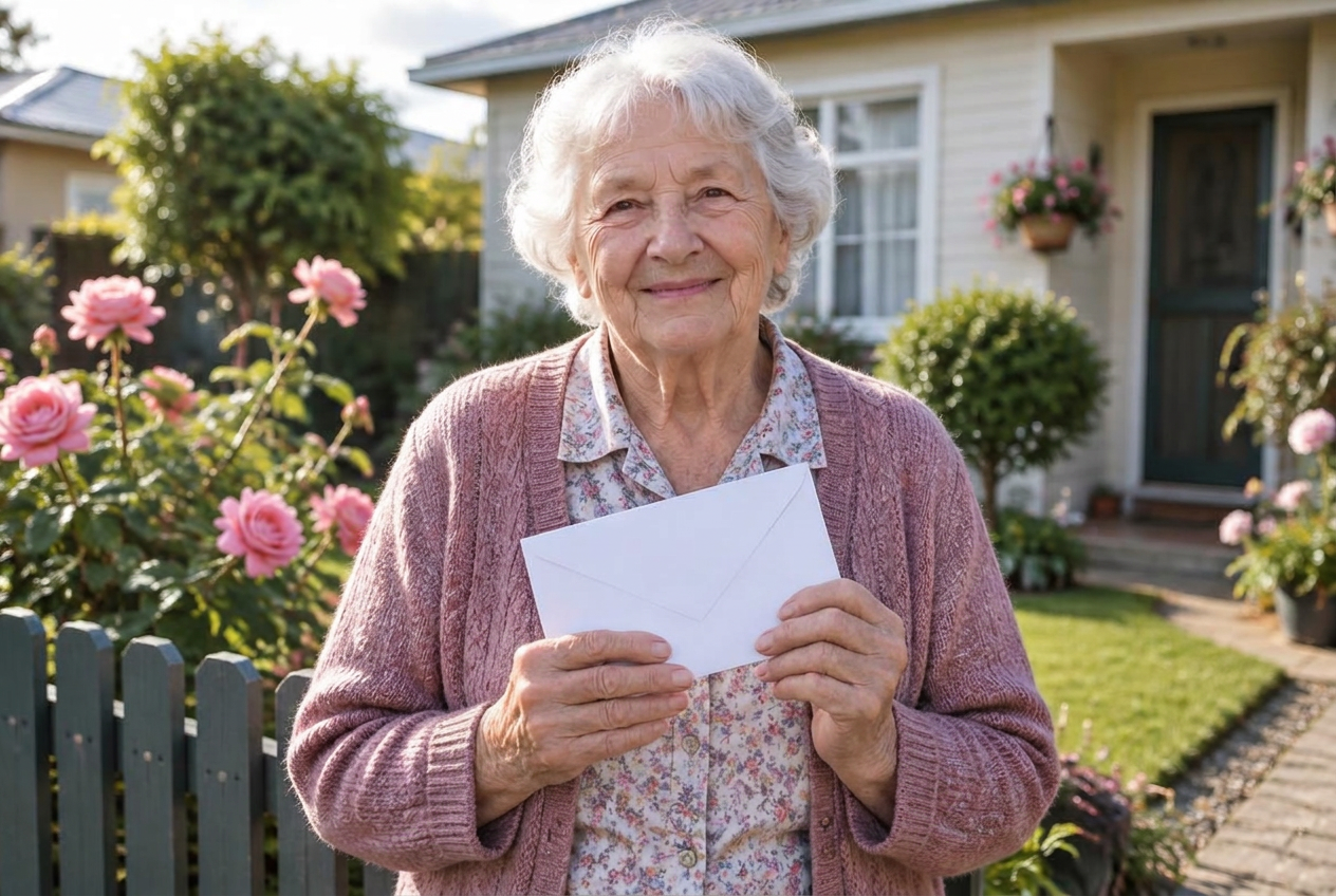 A smiling woman in her late seventies holding a white envelope in the front garden of her house