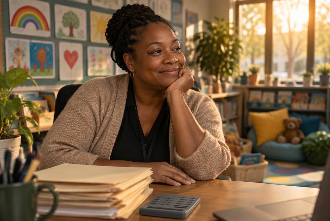 A smiling teacher seated at her classroom desk after hours with folders and a calculator