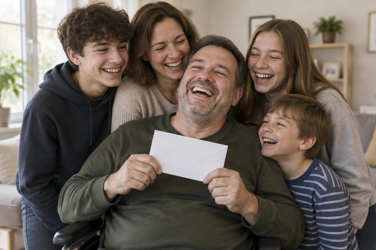 A smiling disabled man in a wheelchair holding a white envelope, surrounded by his laughing family